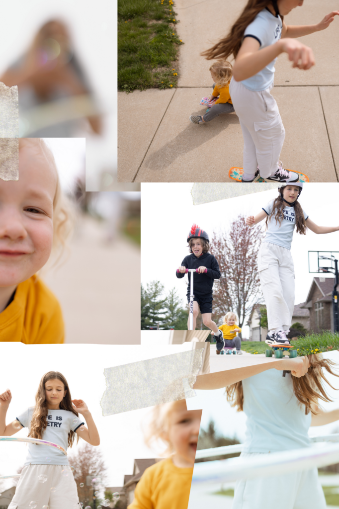 kids skateboarding, hula hooping and scootering
